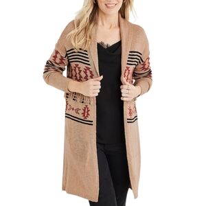 Maurices Aztec Geo Duster Long Fringe Cardigan Sweater Boho Western Brown Small